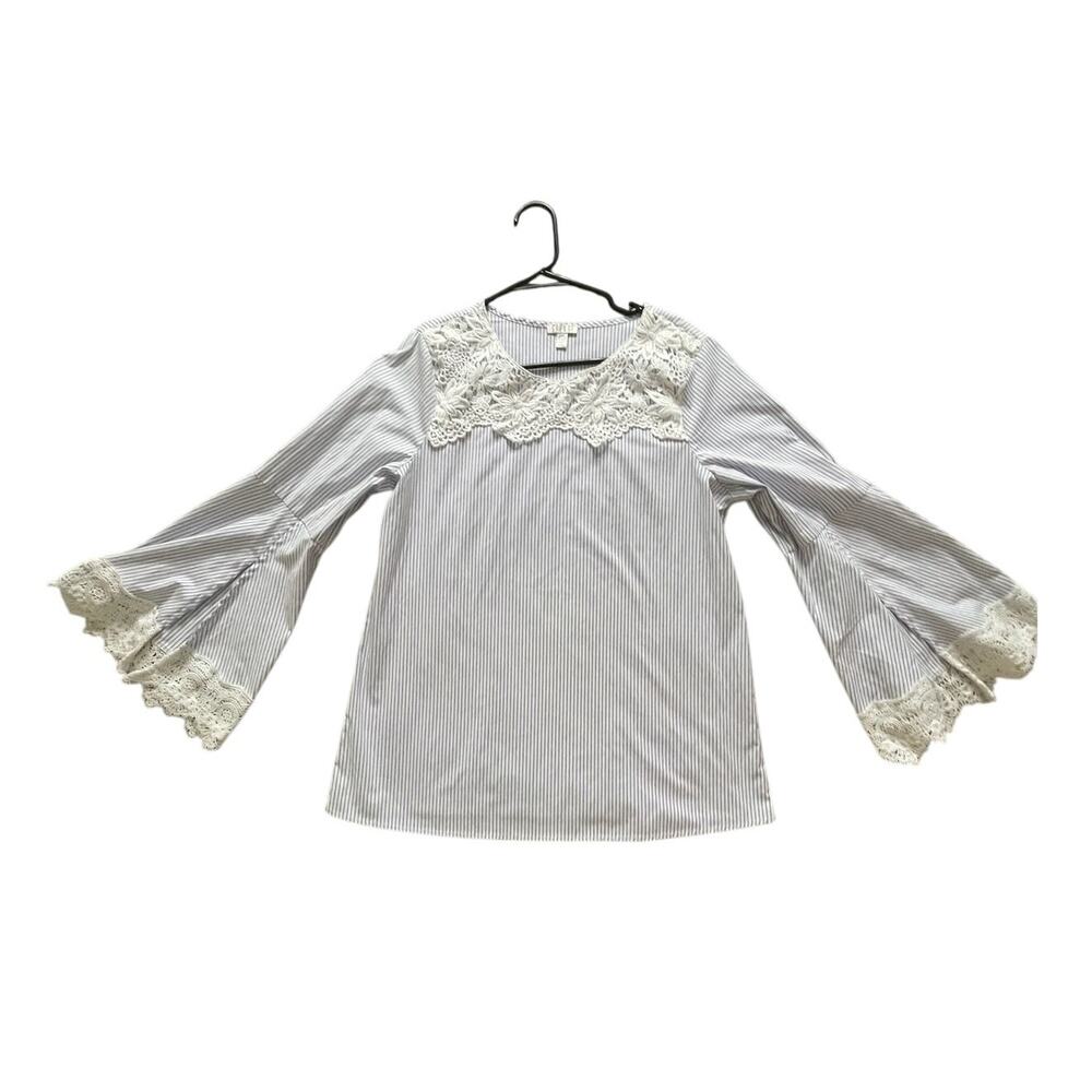 Spense Striped Lace Trim Blouse L White & Blue Boho Romantic Bell Sleeve EUC